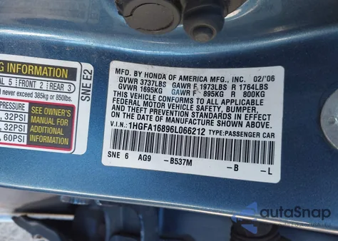 2006 Honda Civic Ex from USA, damaged, VIN 1HGFA16896L066212